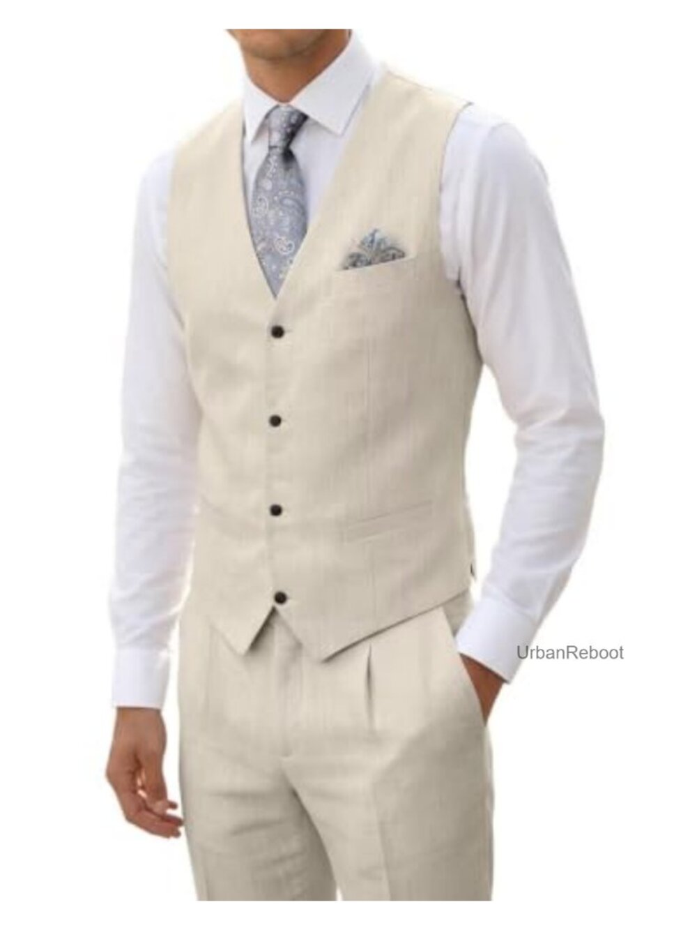 Men's 2-Piece Linen Suit Vest & Pants Lightweight Summer Wedding Groomsmen